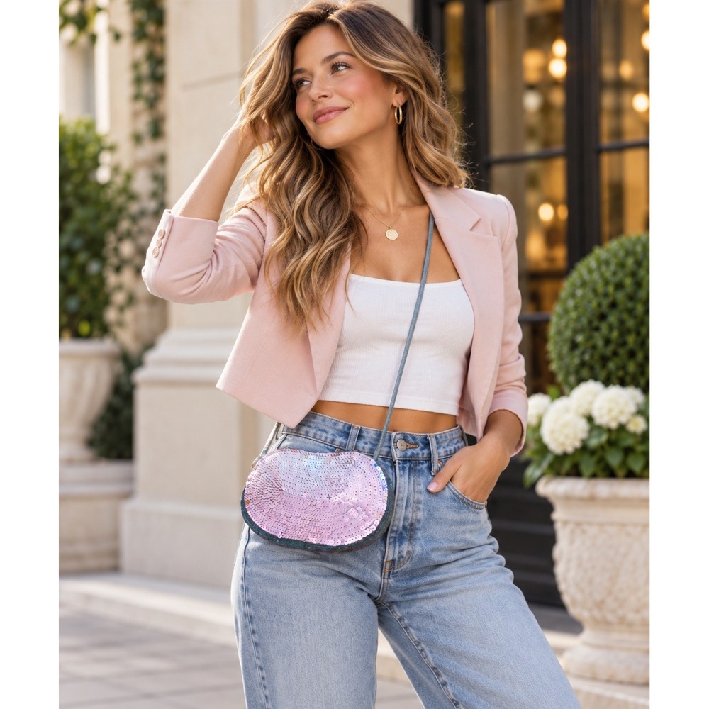 Genie Vintage Pink Sequin Kidney Shaped Crossbody Bag Hand Made Hong Kong